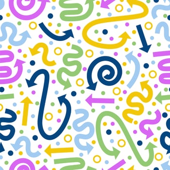 Seamless Pattern with colorful hand drawn wavy arrows and dots, circles on white background. vector