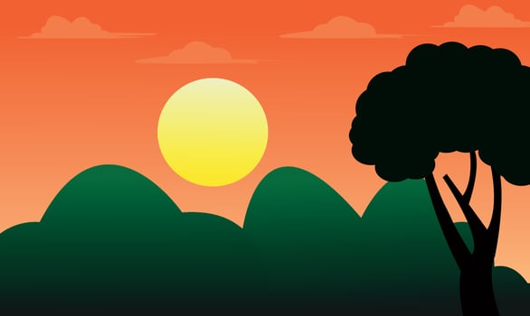vector landscape with silhouettes of mountains trees, golden sunrise over high mountain peaks.