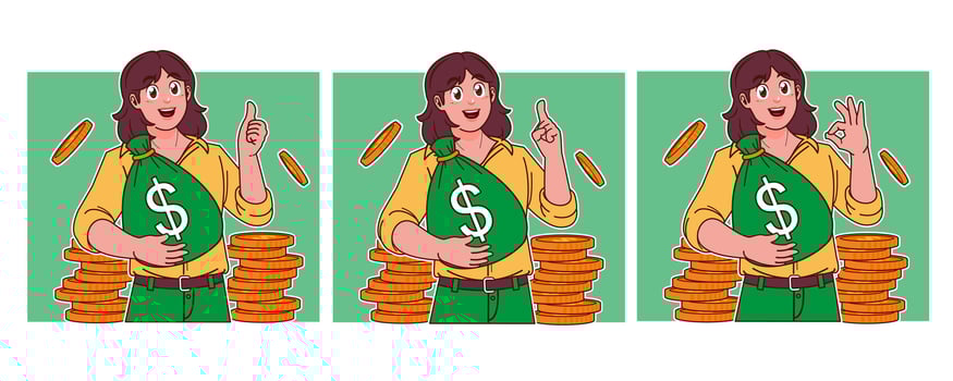Woman carrying sack of money and stack of coins vector