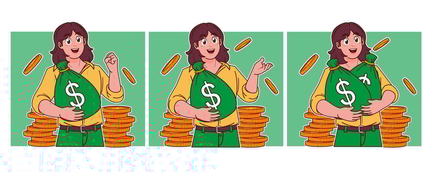 Woman carrying sack of money and stack of coins vector