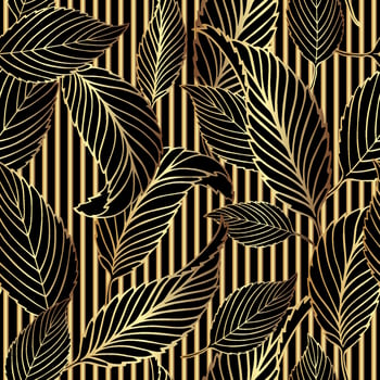 Art deco vintage seamless pattern with mix of golden stripes and linear leaves on black background. Luxury detailed line art plant and geometric elements vector