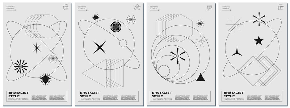 Abstract brutalism poster set with black geometric linear planets and shapes on monochrome space background. Modern brutalist style minimal simple graphic prints. Brutal trendy y2k design eps template vector