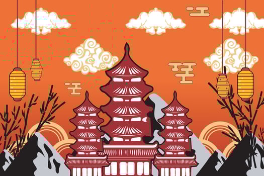 vector of ancient china temple buildings and china cloud mountains, lanterns and Chinese elements
