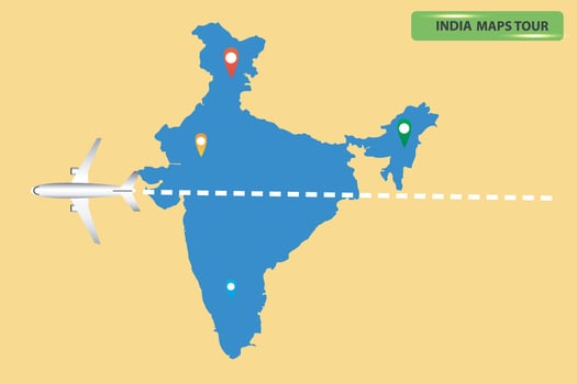 map of location of India with planes flying over its territory towards the destination vector illustration