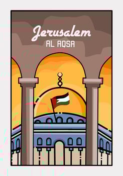 vector of al aqsa mosque scenery in sunset, free palestine campaign poster,
