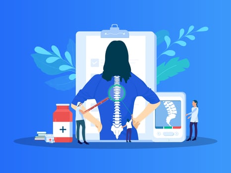Spondylosis pain vector illustration pain in the spine illustration with highlighted skeleton