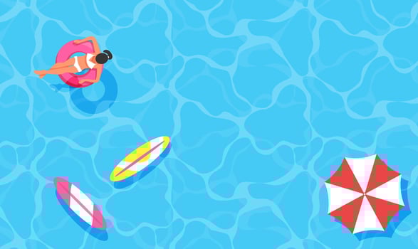 Top view pool background with umbrellas, beautiful woman relaxing on inflatable mattress at swimming pool, women performing summer outdoor water activities. vacation, Top view, trendy vector