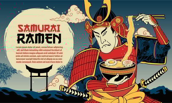 Japanese Painting Background of Samurai Warrior Eats Ramen Noodle vector