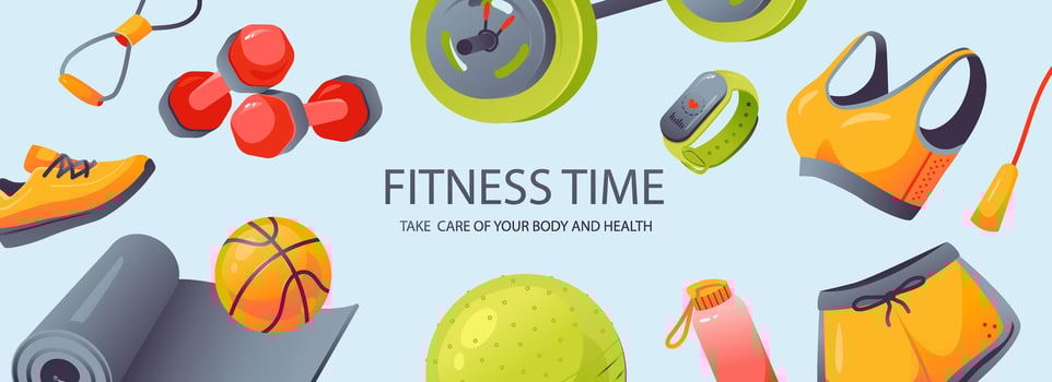 Fitness inventory, gym accessories. Template sale banner for poster, website, advertising. Healthy lifestyle concept. vector