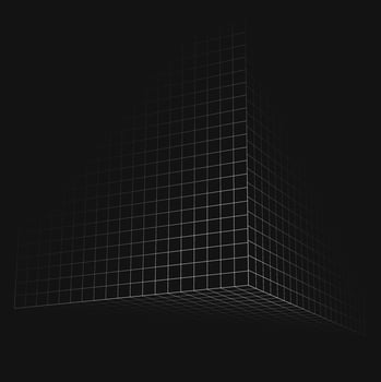 Cyber grid, retro punk perspective rectangular tunnel. Grid tunnel geometry on black background. Vector illustration.