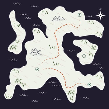 flat illustration fantasy map with island, sea, mountain, roads and village vector