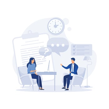 Job interview, a man talking to a young woman with laptop, flat vector modern illustration