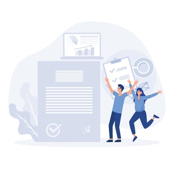 Credit agent holds loan approval application document with approved stamp in hand, flat vector modern illustration