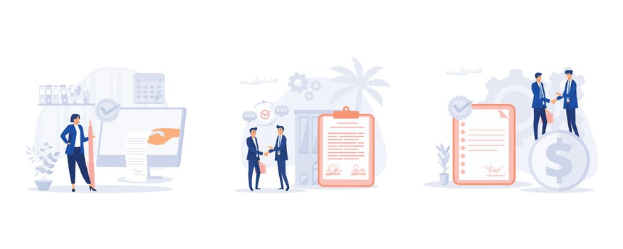 Business illustration people standing on a signed contract. Business people standing on a signed contract. People signing paper and digital contract. set flat modern vector illustration