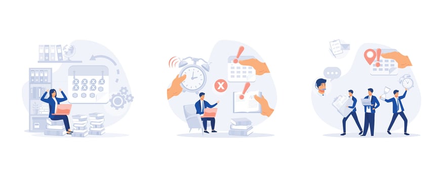 Overworked businesswoman, Man overwork in office, A Tired Man Missing Deadline, set flat modern vector illustration