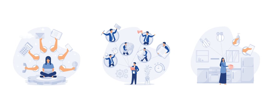 Businesswoman practicing meditation, Multitasking, time management and productivity concept, Overloaded person in pressure, set flat modern vector illustration