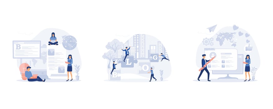Content management, Blog Creative Content Production Workflow Process, Blog articles creation concept with people characters, set flat modern vector illustration