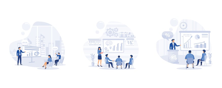 Business coach speaking in front of audience, Using Pie Diagrams and Column Charts, doing presentation and professional training about marketing, sales and e-commerce, vector