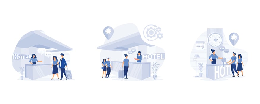 Receptionist job, Check into hotel.Man and woman at reception counter with luggage, receptionist giving key from room, set flat vector modern illustration