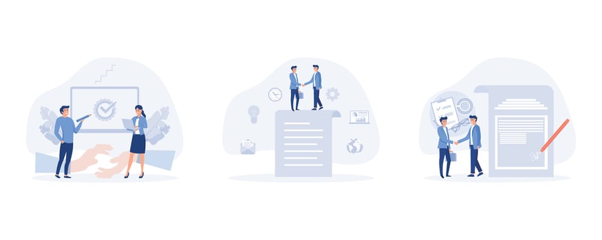 digital contract. signing digital document with electronic signature. people standing on a signed contract, set flat vector modern illustration
