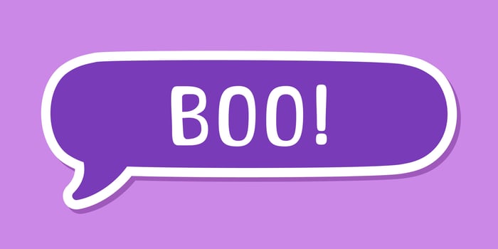 Speech bubble with text Boo digital sticker sound effect vector illustration