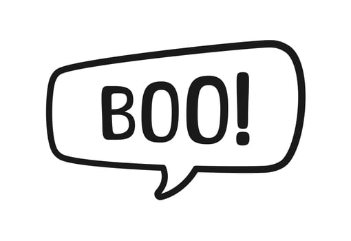 Boo text in speech bubble doodle design. Vector illustration. Happy Halloween greeting card. Cartoon hand drawn calligraphy style.