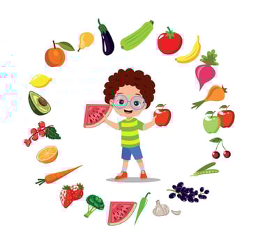 cute kids eating assorted fruits vector