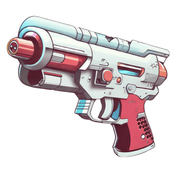 Watercolor illustration of a red and white alien blaster with a lightning bolt imprint in cartoon style, isolated on transparent background. Space punk raygun drawing. Laser gun fantasy art. png