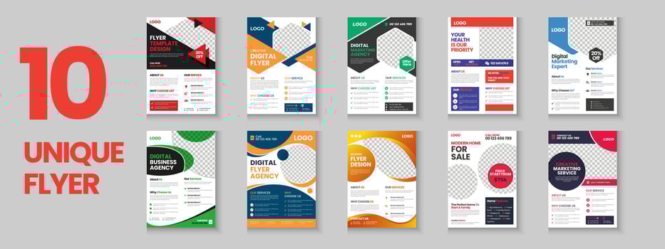 Colorful corporate flyer collection, flyer bundle, mega set gradient color brochure, annual report, proposal, leaflet, company profile, digital marketing poster, case of study, a4 layout with mockup vector