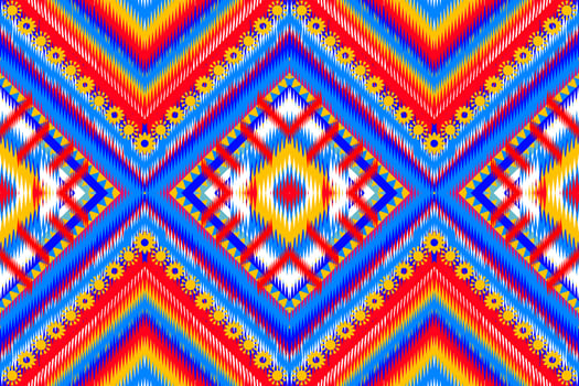 Seamless design drawn tribal chevron pattern with african Aztec ethnic and tribal ornament. Vector dark and bright pink blue yellow color boho fashion illustration. Design for textile, carpet, rug