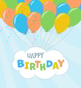 Happy Birthday Celebration Design with cloud and colorful balloons on blue sky in the rays of the sun. Design for greeting card, social media post. vector
