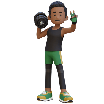 3D Sportsman Character Giving a Peace Sign While Holding Dumbbell png
