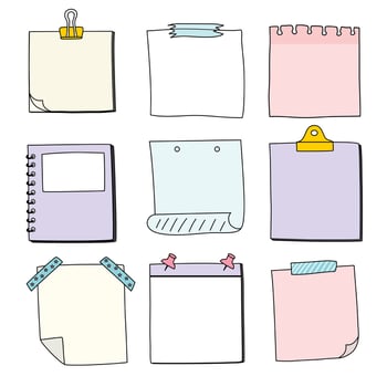 Hand drawn notepaper, doodle message sticky notes, vector illustration
