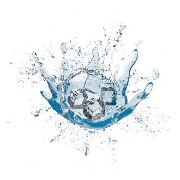 3d ice cubes with water splash transparent, clear blue water scattered around isolated. 3d render illustration png