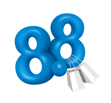 Blue 3D number 88  and white shopping  bag hanging on side for mega sale promotion design png