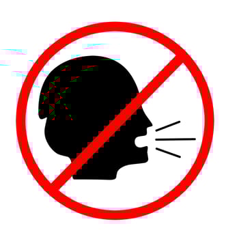 Public speaking prohibition sign. Voice control and interaction. Concept of female head with red circle. Vector illustration