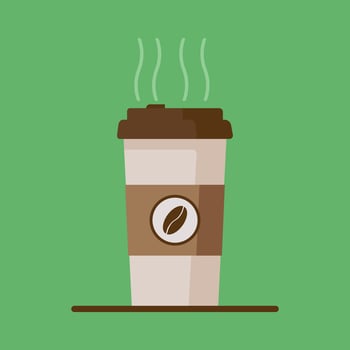 Coffee cup icon with coffee beans on green background. Flat vector illustration