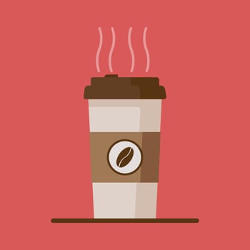 Coffee cup icon with coffee beans on red background. Flat vector illustration