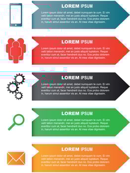 Infographic templates with smartphone, people, gear, magnifier and sms message for business. Color flat vector illustration