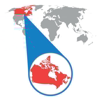 World map with zoom on Canada. Map in loupe. Vector illustration in flat style