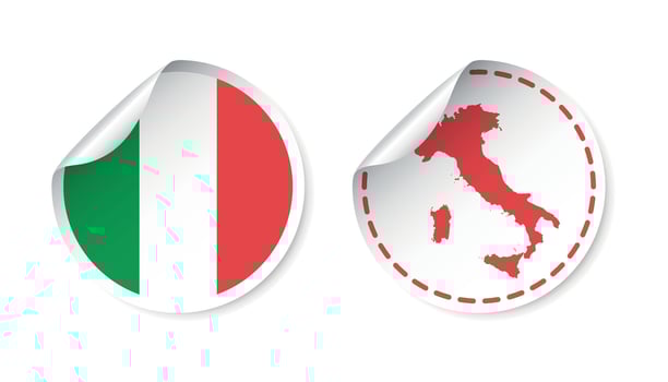 Italy sticker with flag and map. Label, round tag with country. Vector illustration on white background.