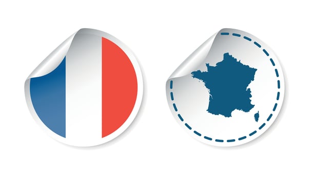 France sticker with flag and map. Label, round tag with country. Vector illustration on white background.