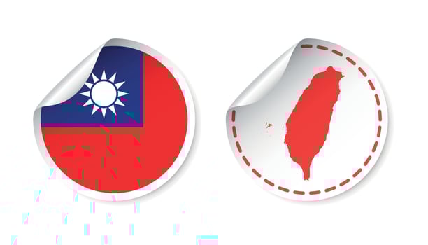 Taiwan sticker with flag and map. Label, round tag with country. Vector illustration on white background.