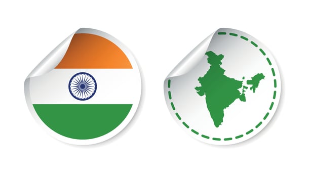 India sticker with flag and map. Label, round tag with country. Vector illustration on white background.