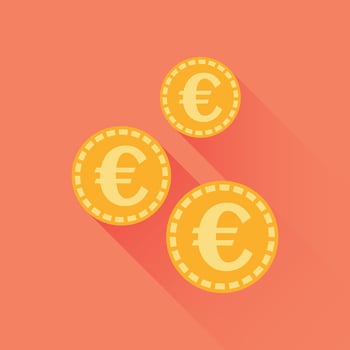 Euro coins icon. Vector illustration in flat style. Gold yellow coin on orange background with long shadow.