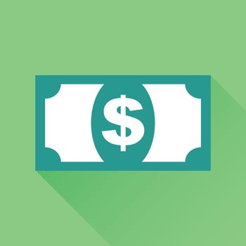 Money icon. Vector illustration in flat style. Dollar with long shadow on green background.