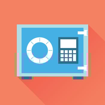 Money safe icon. Vector illustration in flat style on orange background with long shadow.