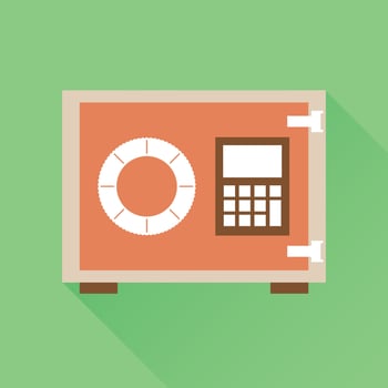 Money safe icon. Vector illustration in flat style on green background with long shadow.