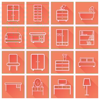 Furniture icons set. Flat vector illustration with long shadow on orange background. Universal icon for web design.