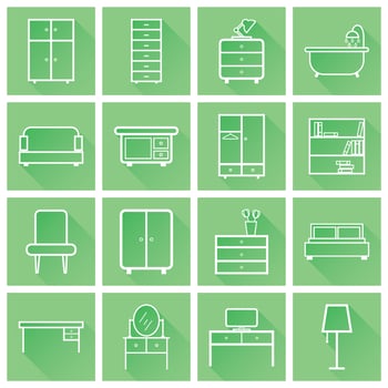 Furniture icons set. Flat vector illustration with long shadow on green background. Universal icon for web design.